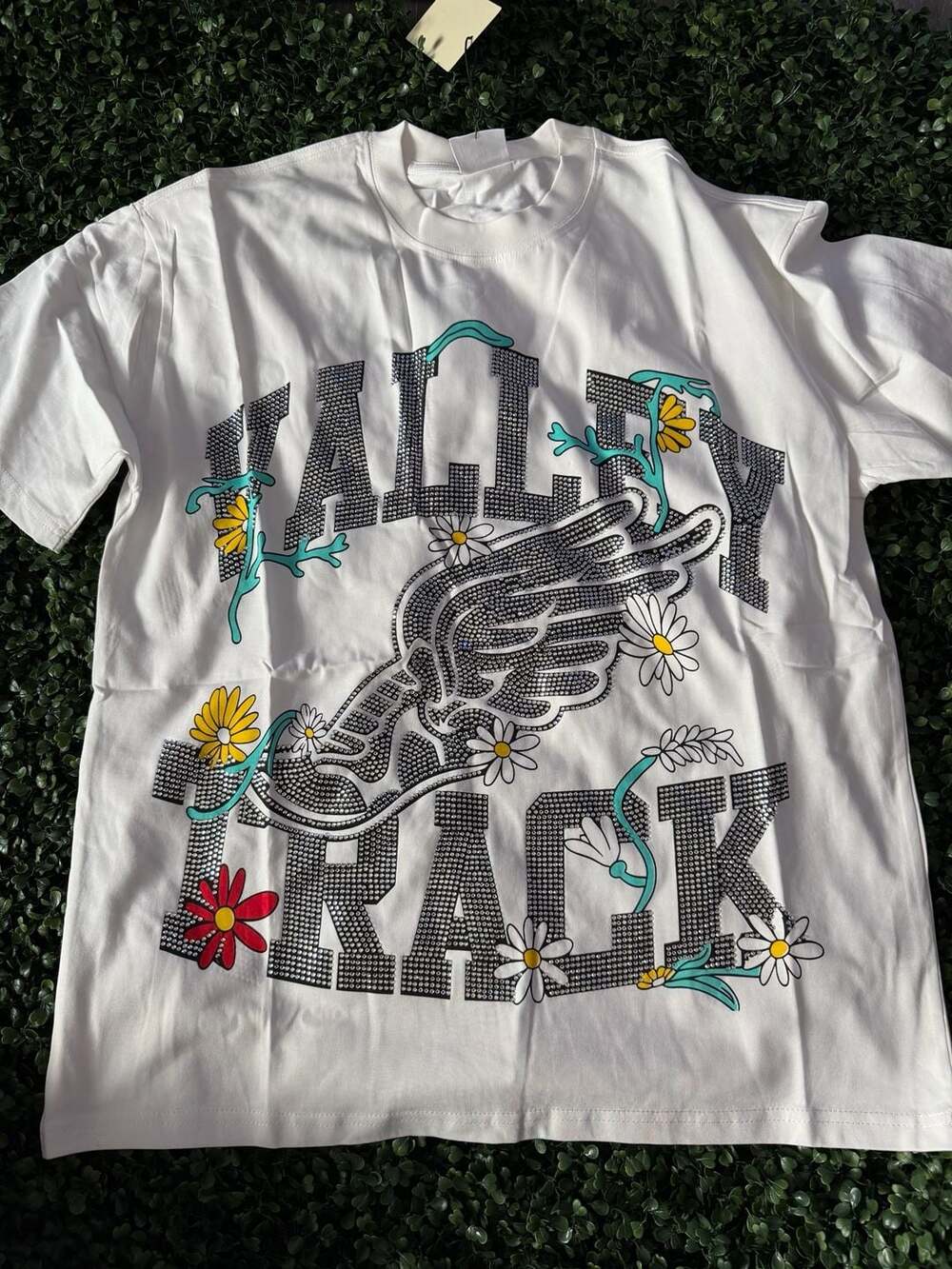 Vale USA Valley Track Rhinestone T-Shirt Size Small White